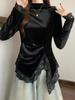 Women's Black Lace Patchwork Velvet Long Sleeve T-Shirt: Half-High Collar, Wear Inside or Out