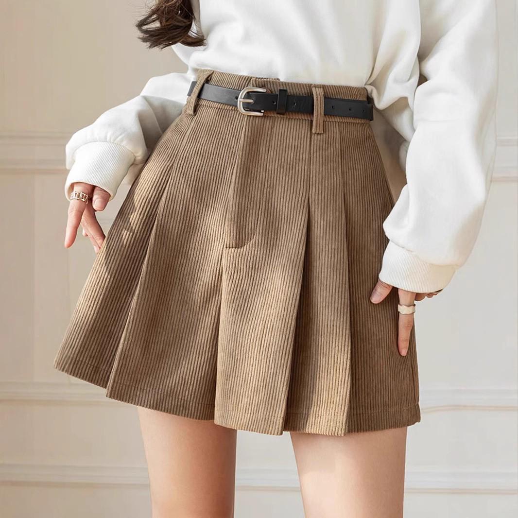 

Женские шорты с высокой талией, цвета хаки, из вельвета, плиссированные, с широкими штанинами - Весна/Осень 2025 Small хаки