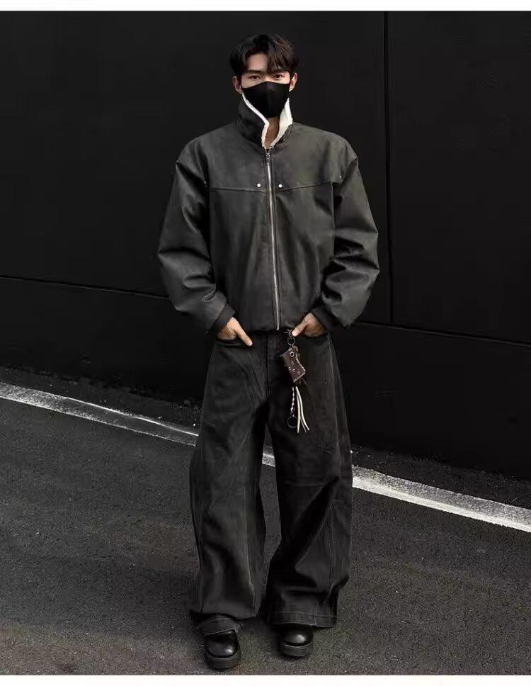 Men's Retro Tie-Dye Lamb Wool One-Piece Coat with Velvet Thickened, Turn-Down Collar, and Leather Accents