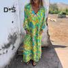 Bedrucktes Maxikleid für Damen, Frühling/Sommer, V-Ausschnitt, Boho-Urlaubskleid, lange Ärmel, lockeres Kleid mit Taschen für den Alltag, Partys, Strand