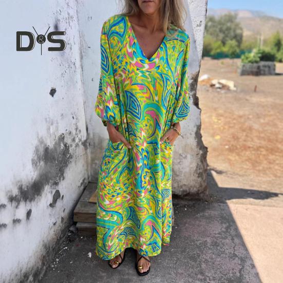 Bedrucktes Maxikleid für Damen, Frühling/Sommer, V-Ausschnitt, Boho-Urlaubskleid, lange Ärmel, lockeres Kleid mit Taschen für den Alltag, Partys, Strand