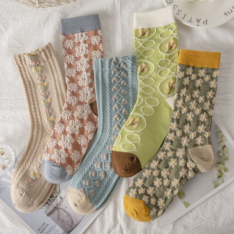 5 Pieces/white Floral Mid-tube Socks Women's Trendy Japanese Powder Fog Color Student Loli Spring Thin Section JK Socks Pink New