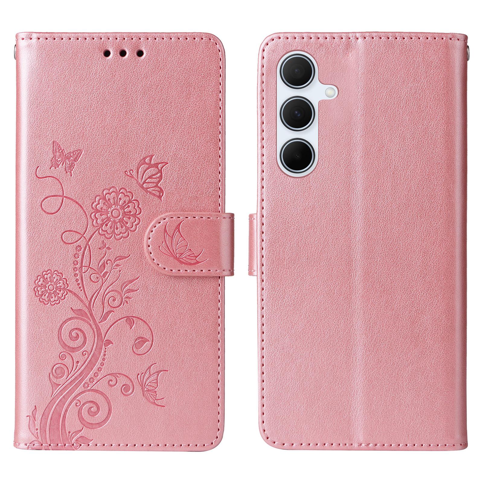 

For Samsung Galaxy A56 5G Leather Case Butterfly Floral Imprint Wallet Stand Cover Pink