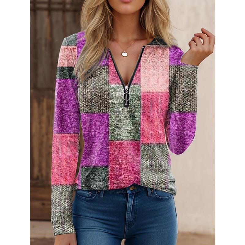 

Women s New Fashion Casual Loose Printed V-neck Zipper Long-sleeved T-shirt S