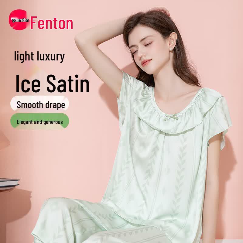 Fenteng Women s Ice Silk Short Sleeve Pajama Set M