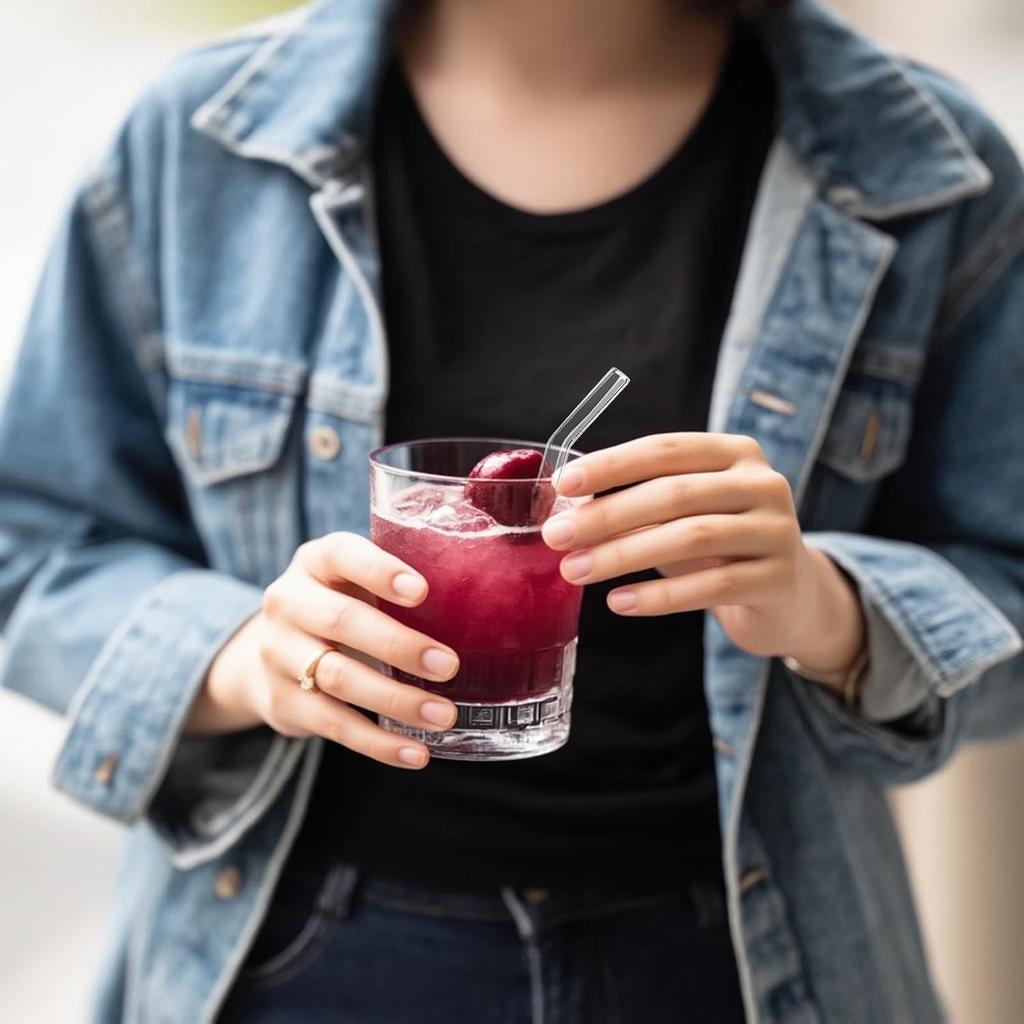 [10 Pcs] Reble Short Bent Glass Straws - 6" x 10 mm Clear Glass Straws Shatter Resistant Cocktail Straw With 2 Cleaning Brushes for