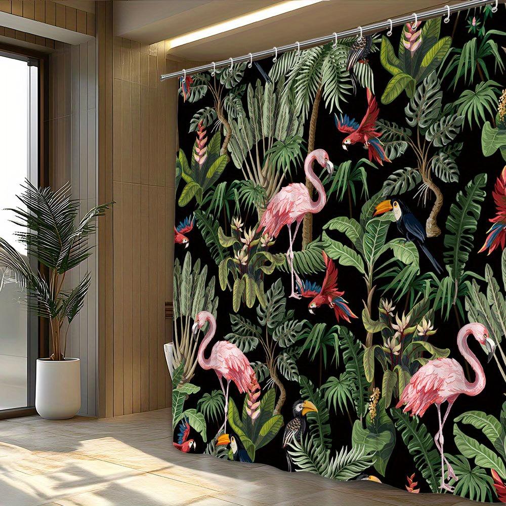 1pc Tropical Jungle Shower Curtain with Vibrant Flamingos & Exotic Birds Design, Botanical Illustration Style, Polyester Fabric
