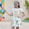 Girls Geometric Printed Round Neck Flutter Sleeve A Line Flared Dress