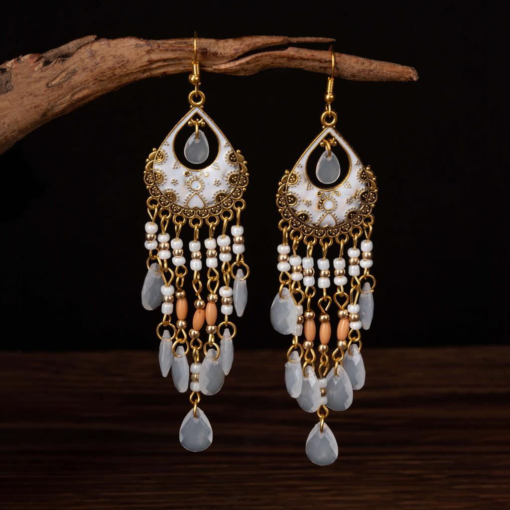 Ethnic Style Crystal Long Fringed Earrings Personalized Photo Show Face Thin Exaggerated Earrings Bohemian Travel Jewelry