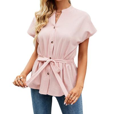 Women's Summer Fashion Solid V-Neck Button Belt Pure Cotton Casual Loose Short Sleeve Top Shirt
