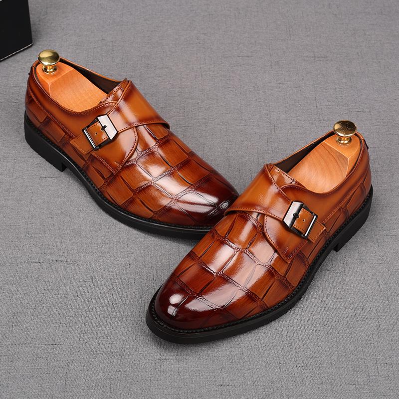Fashion New Men's Alligator Pattern Monk Strap Loafers Pointed Slip On Business Flats Shoes Designer Homecoming Wedding Dress Footwear