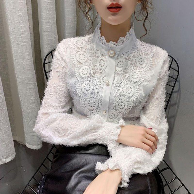 Solid Color Long-sleeved Sexy Lace Shirt Women's Spring Korean Version Slim Standing Neck Simple Versatile Shirt