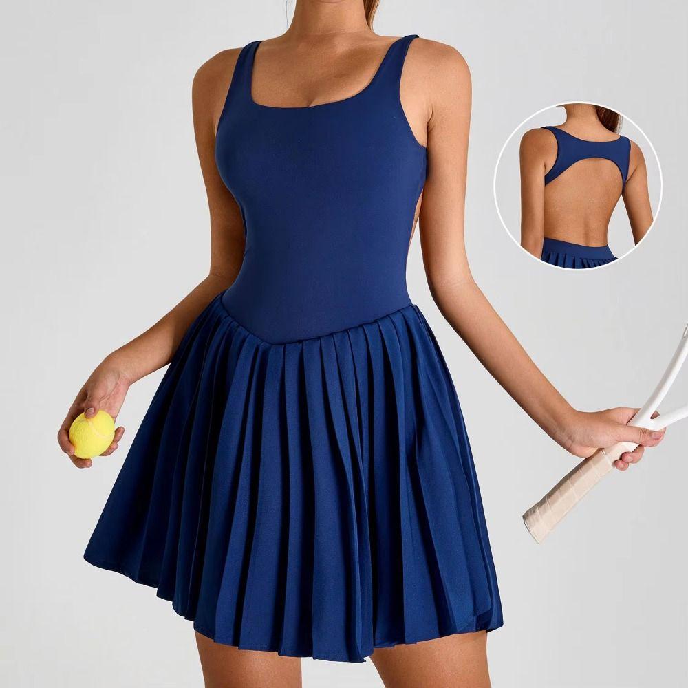 Ausgeschnittenes Damen-Tenniskleid Ärmellos Badmintonröcke Trainings-Stramplerkleid Badminton Sport