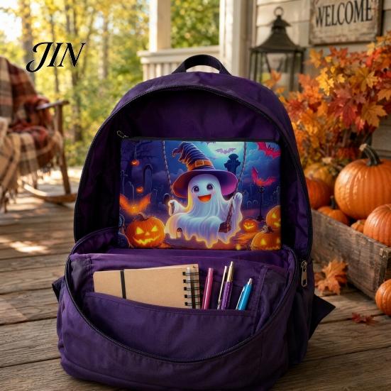 Durable Zipper Bag Halloween Storage Bag, with Colorful Cartoon Ghost Print, Canvas Trendy Makeup Large Capacity Lightweight Travel Toiletry Thick