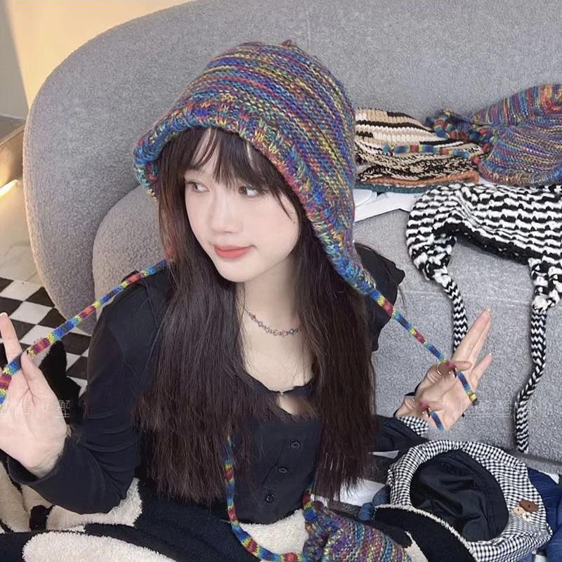Autumn and Winter Colorful Woolen Hats for Women Korean Style Face Showing Small Knitted Hats with Straps To Keep Them Warm and Ear Protecting.