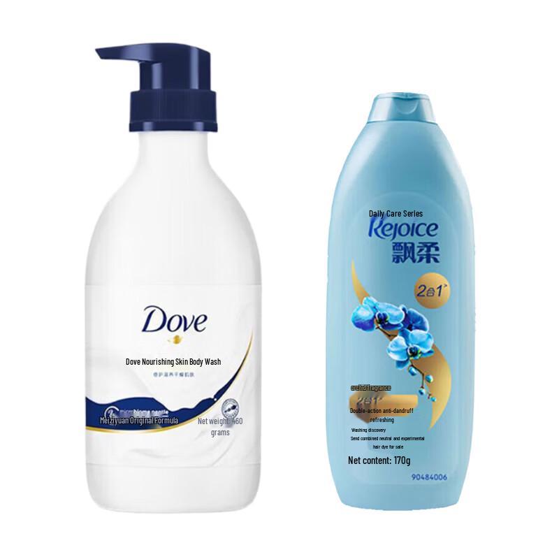 Набор: Питающий гель для душа Dove и Шампунь против перхоти Rejoice