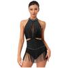 Womens Latin Jazz Dance Leotard Allover Rhinestones Tassel Skirt Backless Contrast Color Bodysuit