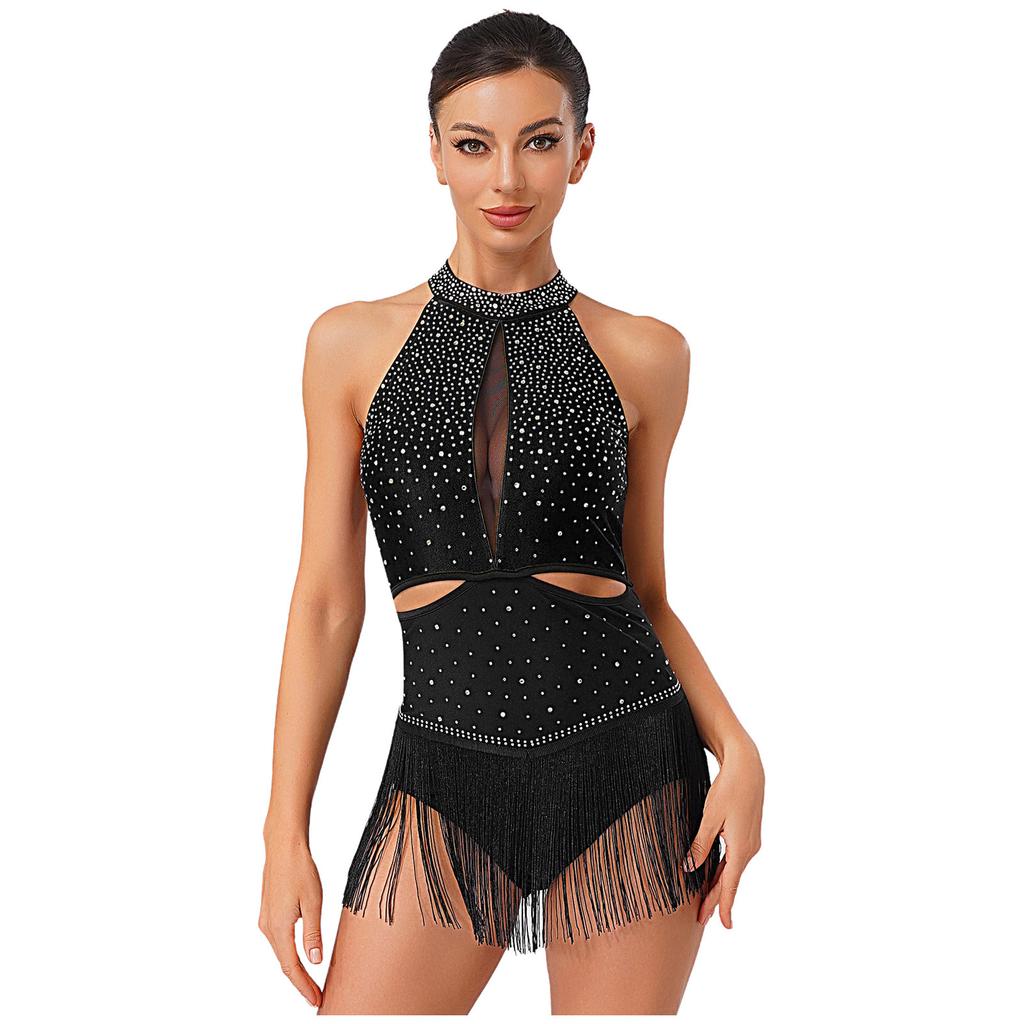 Dámský latinsko-jazzový taneční dres po celém povrchu s kamínky, třásňovou sukní, bez zad, kontrastní barvy, body