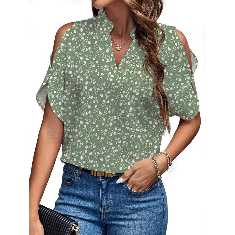 Women's summer new solid color V-neck temperament fashion off-the-shoulder sleeves women's top