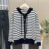 Großformat Damen Gestreifter Herzknopf Kapuzen Strick Cardigan Pullover Mantel