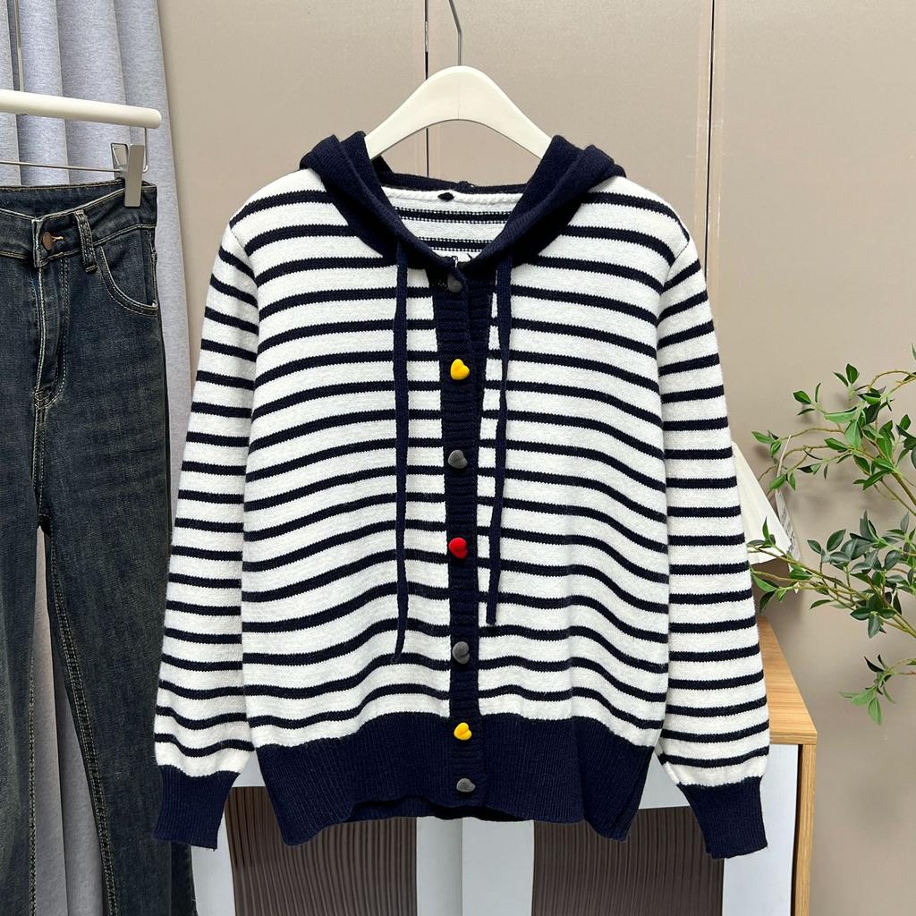 Großformat Damen Gestreifter Herzknopf Kapuzen Strick Cardigan Pullover Mantel