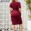 BITCED Plus Size Solid Color Casual Resort Dress Tie-Detail Resort V-Neck Midi Dress