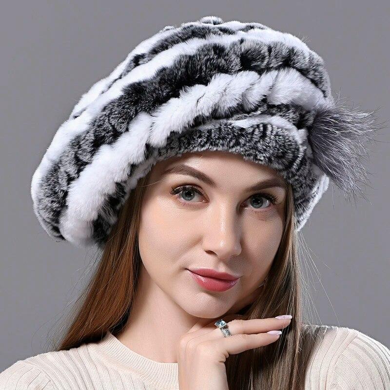 Women's Berets Natural Rex Rabbit Fur Hats Knitted Ladies Winter Warm 100% Real Fur Hats
