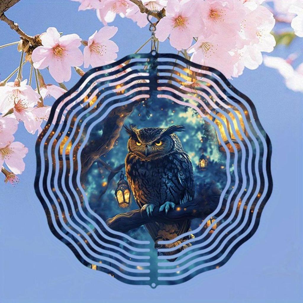 Metalowy dzwonek wietrzny sowa dekoracja ogrodowa ze spiralnym wzorem obrót w dwóch kierunkach bez baterii łatwa instalacja hak obrotowy 360 stopni na zewnątrz