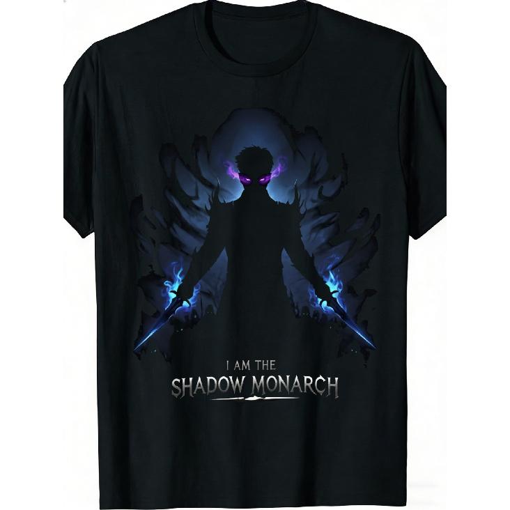 100 Shadow Monarch T-Shirt | Dark Fantasy Warrior with Purple Eyes and Blue Flames, Graphic Print, Black, Casual Wear, Crew Neck, Regular Fit, S чёрный