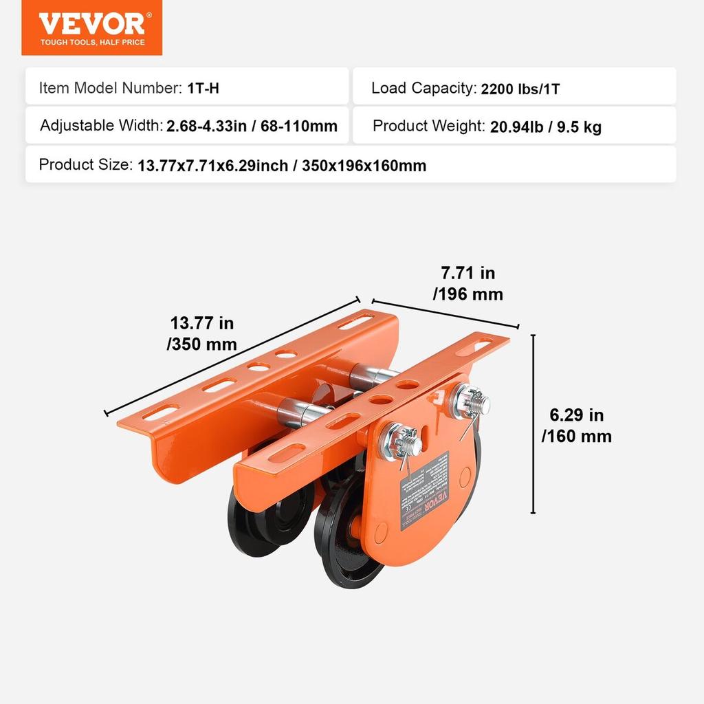 Electric Hoist Manual Trolley, 2200 lbs/1 Ton Capacity for PA200 PA250 PA300 PA400 PA500, Push Beam Trolley with Dual Wheels, 2.68"-4.33" Adjustable