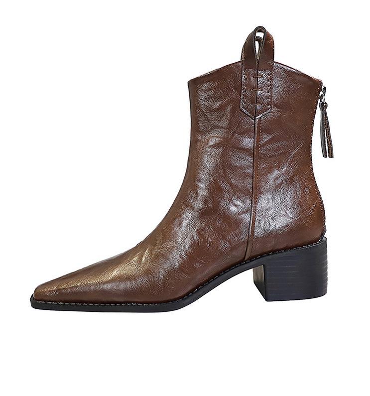 578-10 Retro Hand-Scratched Women's Ankle Boots, European & American Style, Winter Chunky Mid-Heel, Pointed Toe Short Knight Boots