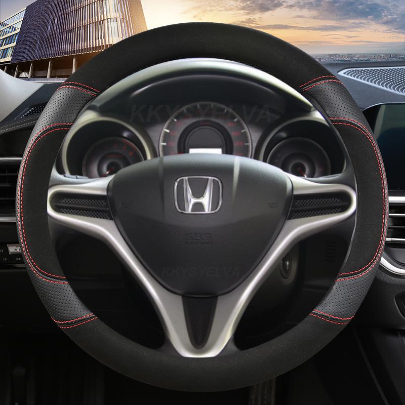 Suede Cow Leather Car Steering Wheel Cover For Honda Fit Jazz City 2009-2013 ight 2010 -2014 Civic 2004-2014 Auto Accessories