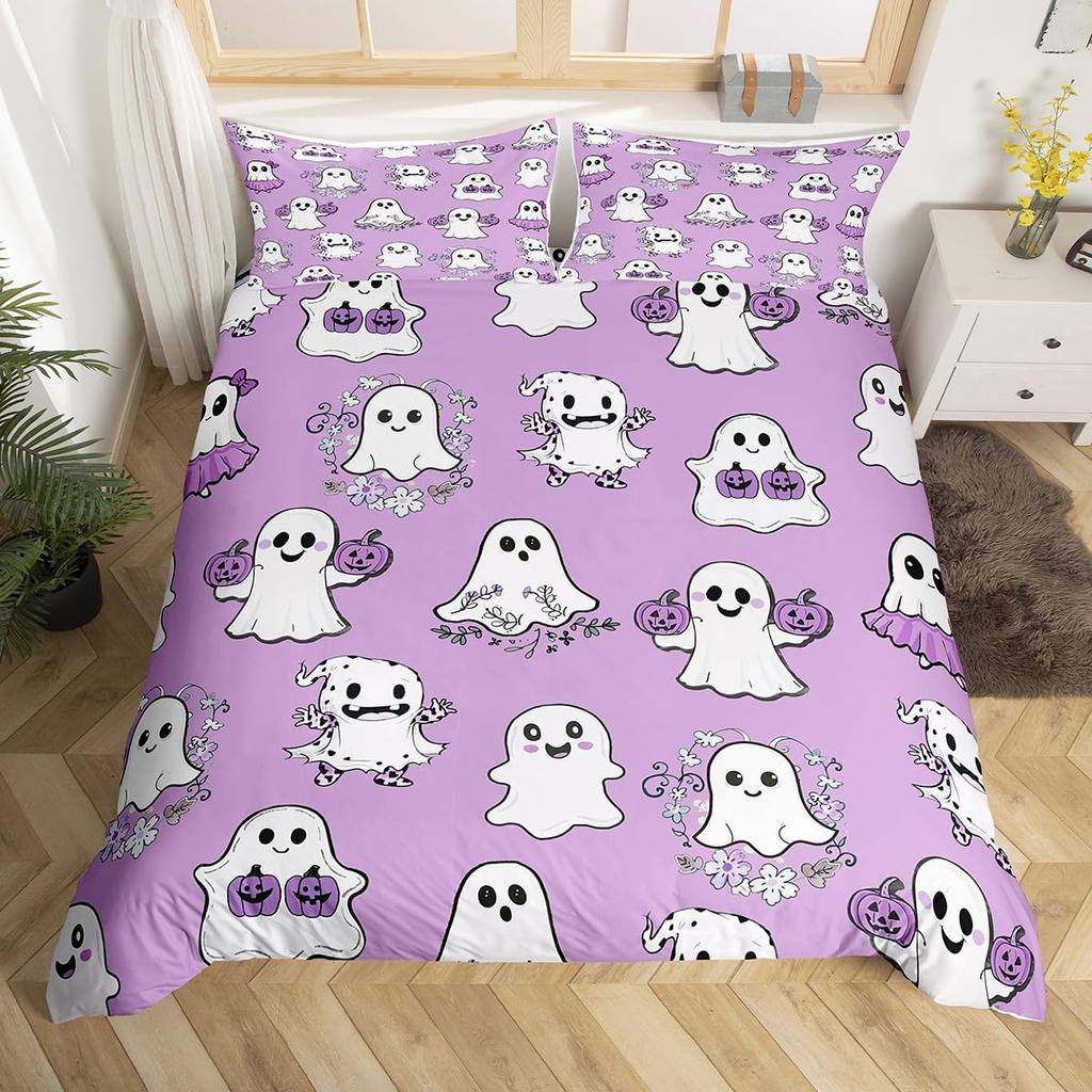 Cute Ghost Duvet Cover Halloween Theme Yellow Bedding Set Pumpkin Lantern Floral Ghosts Comforter Cover Polyester Quilt Cover