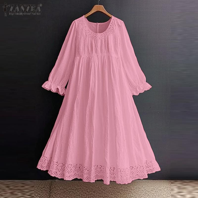 ZANZEA Women Summer Round Neck Trumpet Long Sleeve Lace Dresses