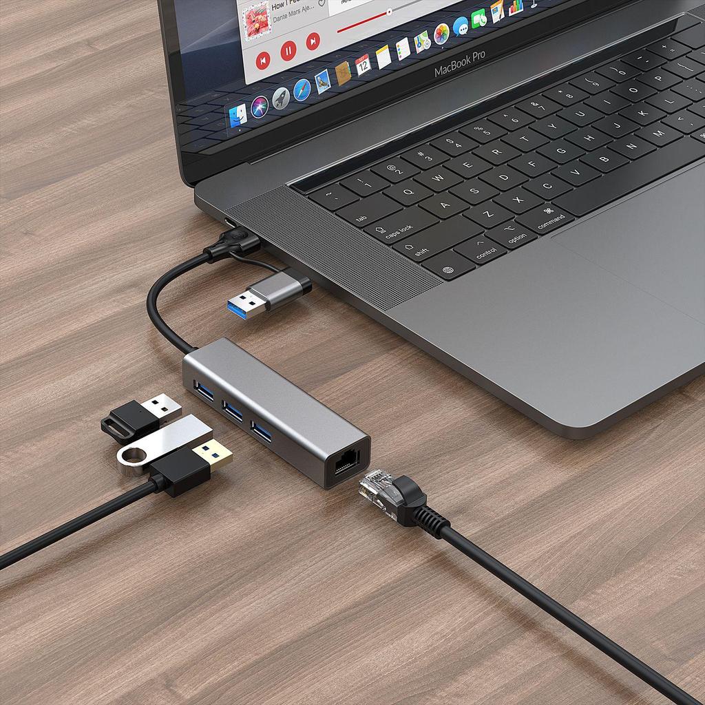 USB-C To RJ45 2-in-1 Gigabit Network Adapter with 3-Port USB 3.0 Hub