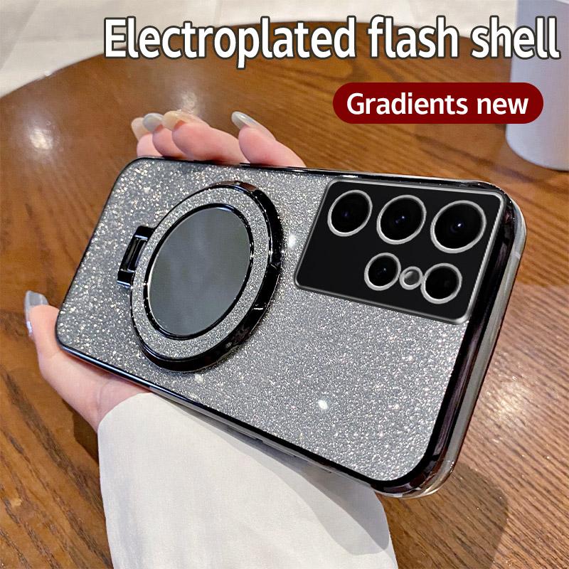 For Samsung Galaxy S22 Ultra Mirror Electroplate Lens Protector Case For Samsung S22 Plus Magnetic Bracket Bumper Glitter Cover