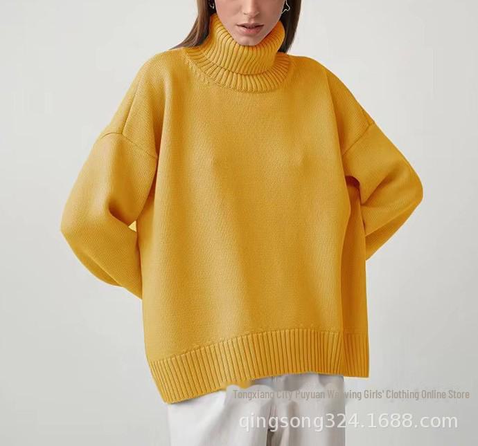 2024 Europeisk & Amerikansk Lösstickad Polotröja: Klassisk enfärgad höst-/vintermode för kvinnor