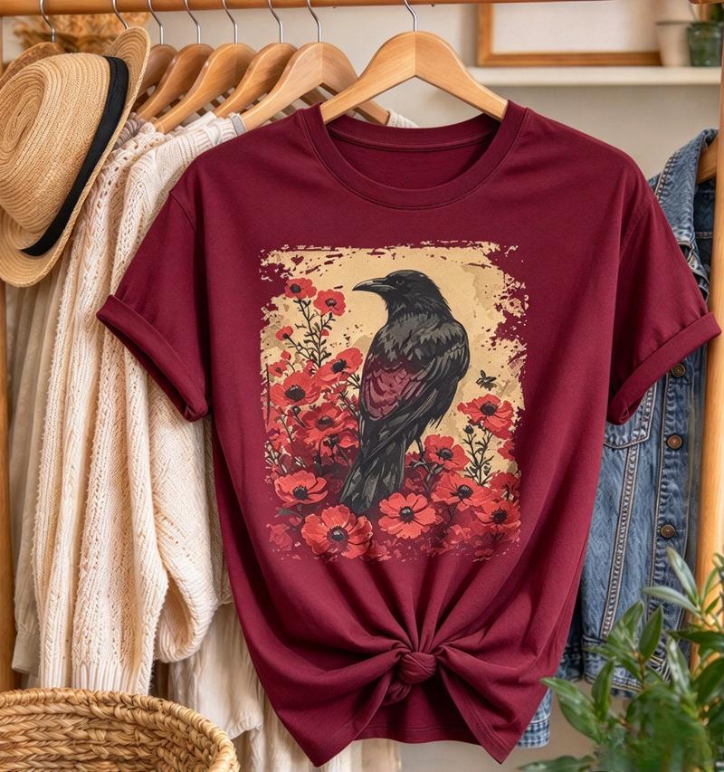 Gothic Raven Rose Enchanted Vintage Floral Crow Tshirt Unisex Unisex Retro Crow Floral Casual Short Dark Aesthetic Nature Art Tee