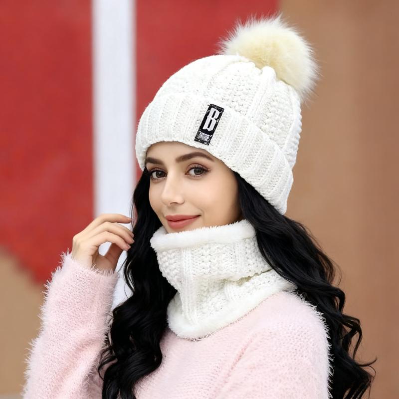 

Winter Knitted Scarf Hat Set Thick Warm Beanies Hats for Women Solid Outdoor Snow Riding Ski Bonnet Caps білий