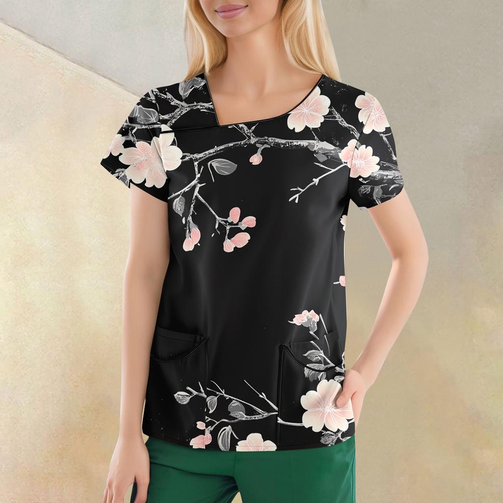 Women's Casual  Print Short Sleeve Sloping Collar Workwear Top With Double Pockets