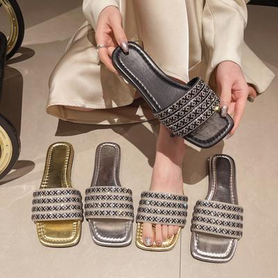 Fairy Wind Sparkling Slippers Women 2024 New Rhinestone Buckle Flip-flops Summer Dress with Beach Sandals