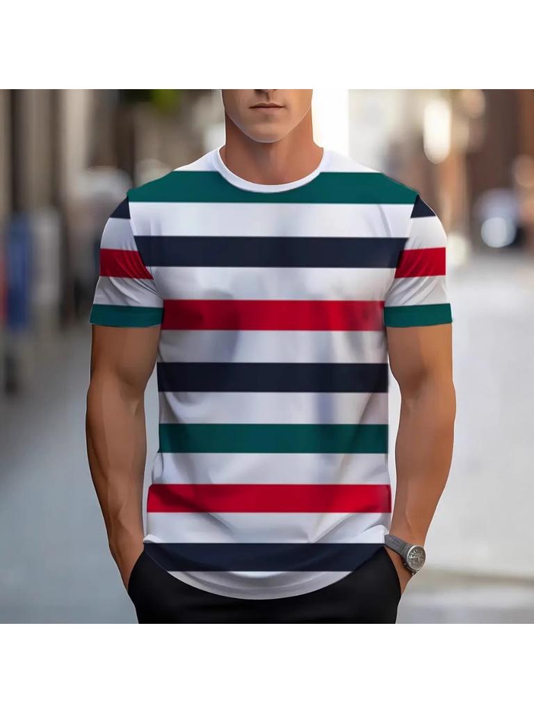 Summer Men's Crew O-Neck T-shirt Street Men's 3D Stripe Print Short-sleeved Tees Casual Daily Male T Shirts Clothing