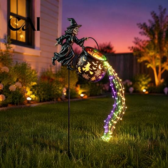 Dynamic LED Swirling Brew Light Halloween Witch Cauldron Yard Light, Flying Silhouette Garden Stake with Colorful Glowing Art for LED, Spooky Outdoor