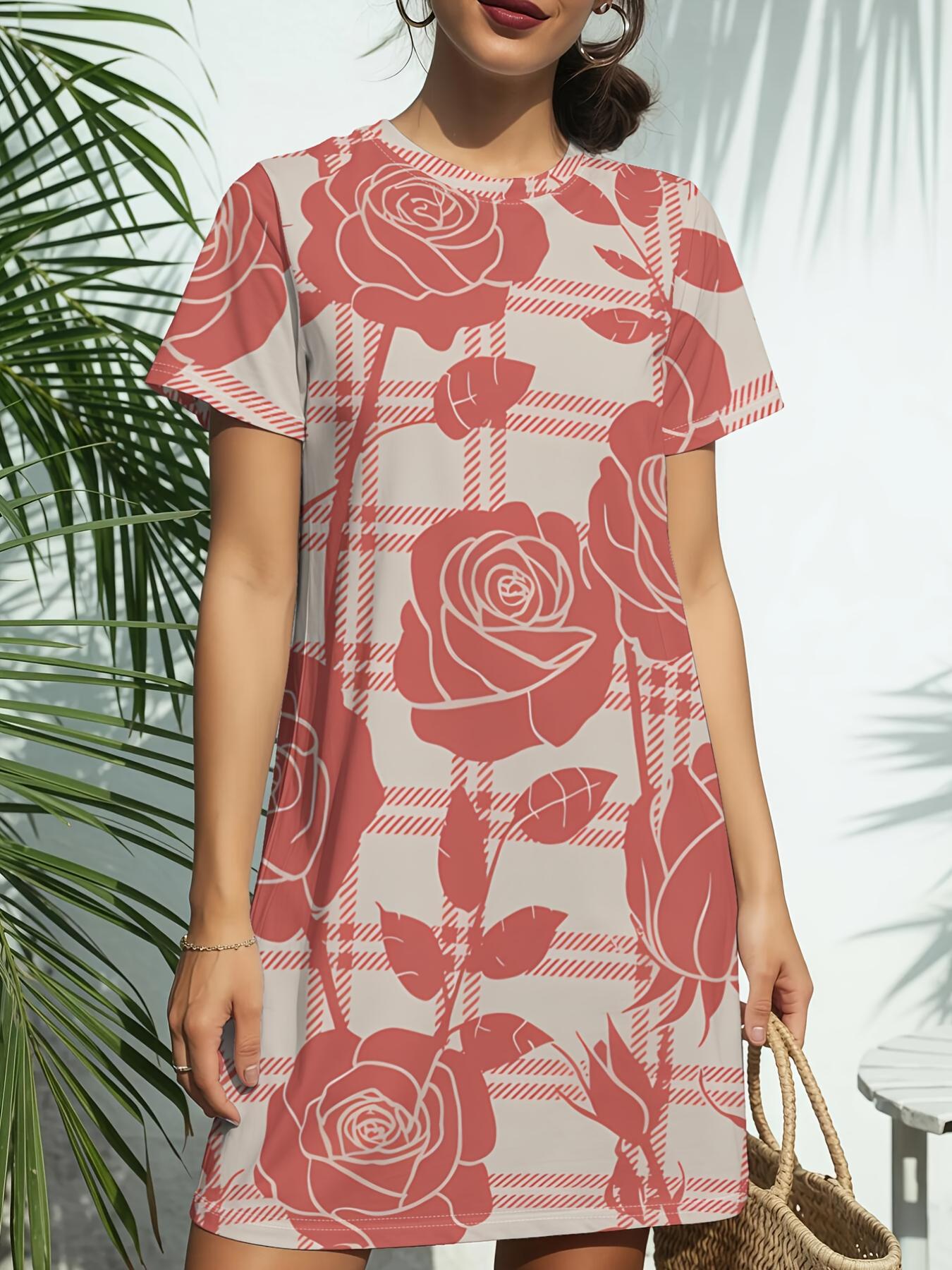 

New Women S Round Neck T-Shirt with Short Sleeves in Red Retro Floral Design. Featuring American Fashion Trends And Digital Prints for Spring And Summ 2XL
