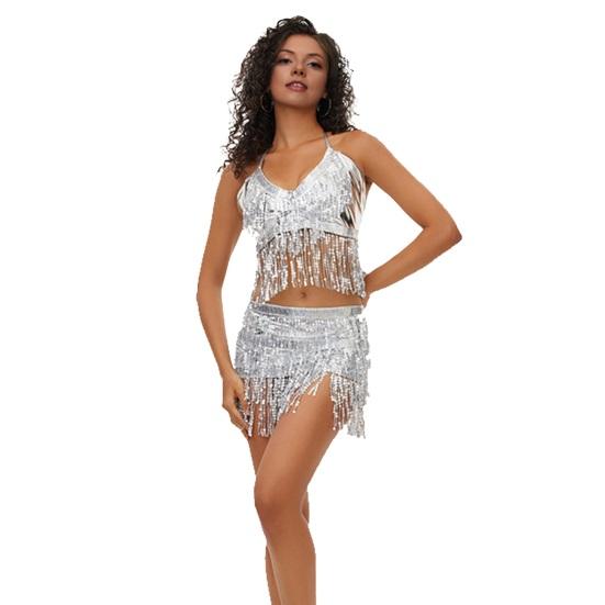 Belly Dancer Outfit Sequin Tassel Bra Top with Fringe Hip Scarf Set Sparkling Rave Party Costume for Women Girls