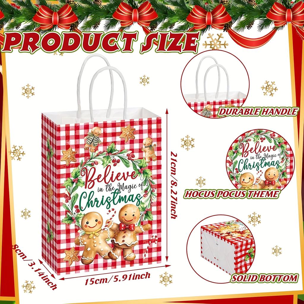 Weihnachts-Lebkuchen-Gastgeschenktüten - Stabile Papiertüten mit Henkeln - Festliche Lebkuchenmänner, Frohe Weihnachten Designs