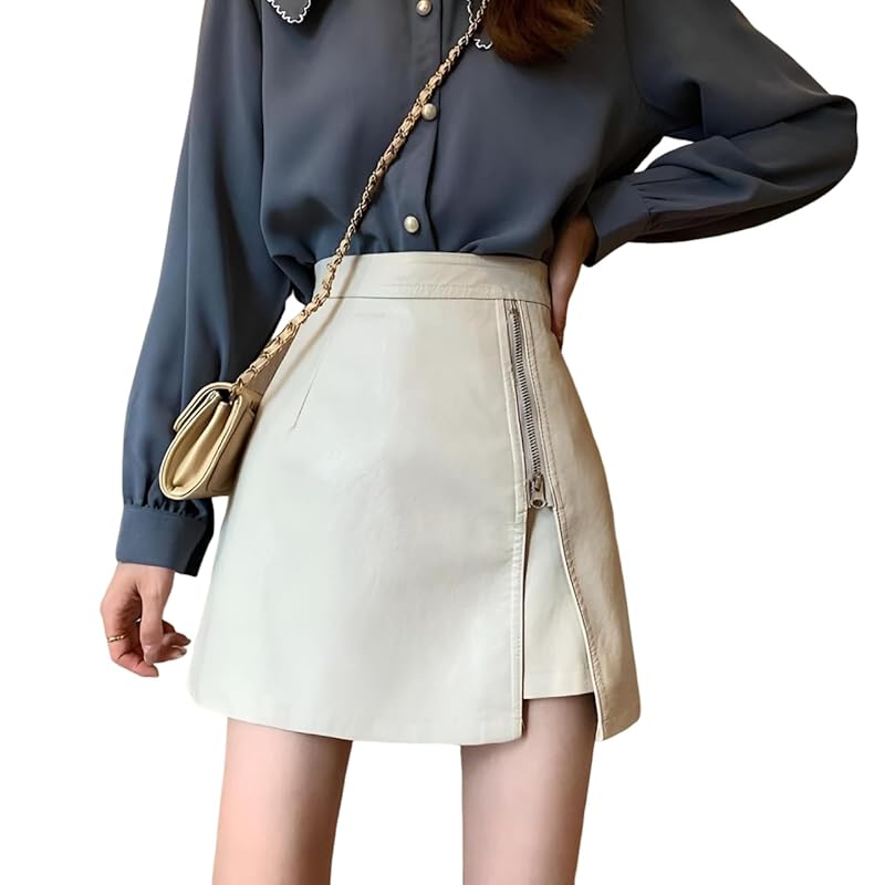 

[Belle Iza Bella] zip up PU leather mini skirt ladies beautiful legs long legs above knee length high waist With inner pants Plain color mini skirt