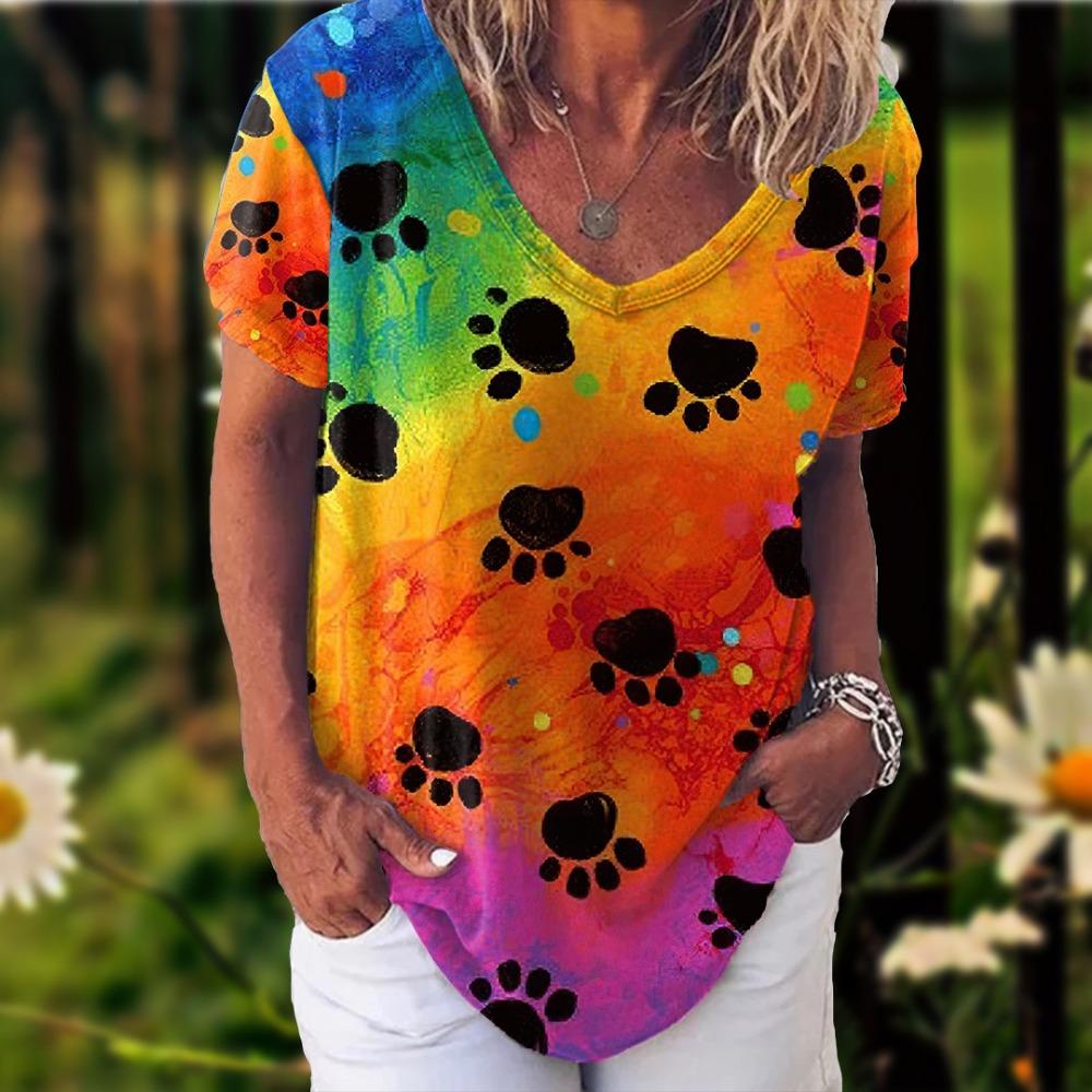 New Rainbow Watercolor Dog Paw 3D Printing T-shirt Women's V-neck Casual Short-sleeved Y2k Top Harajuku Tees Clothing