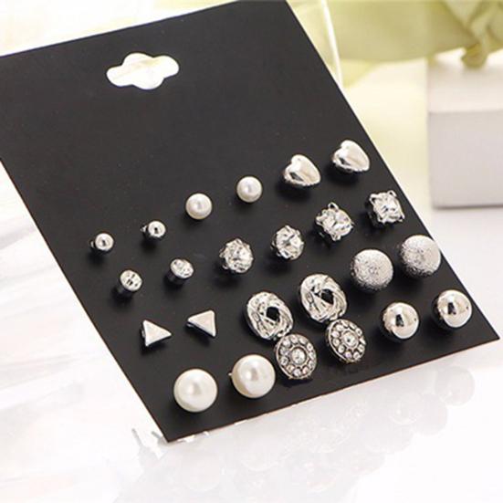 12 Pair/Set Imitation Pearl Heart Love Crown Triangle Stud Earring Lady Jewelry