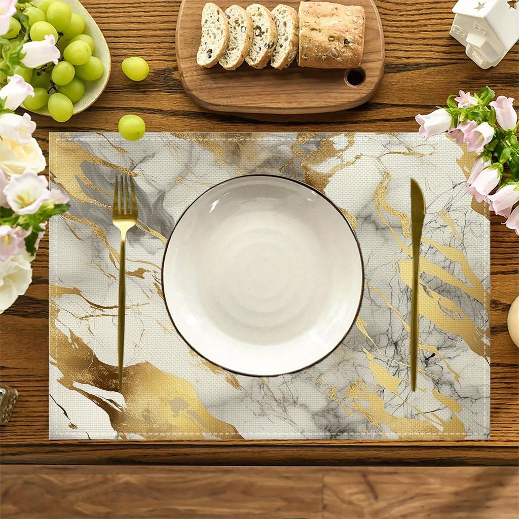 4pcs Golden Marble Placemats – Washable, Non-Slip Polyester Table Mats for Dining Kitchen, Heat Resistant Modern Decor